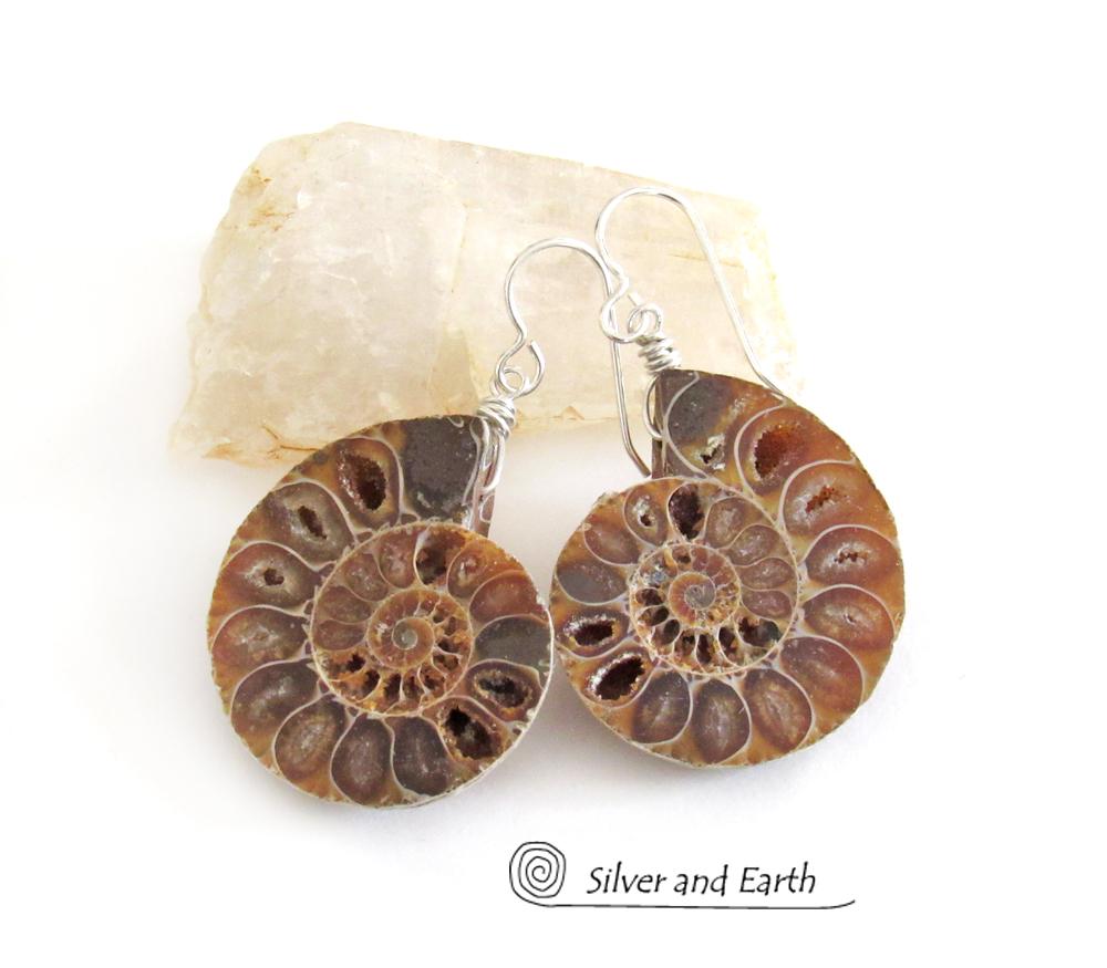 Ammonite Fossil Earrings - Genuine Earthy Natural Fossil Jewelry