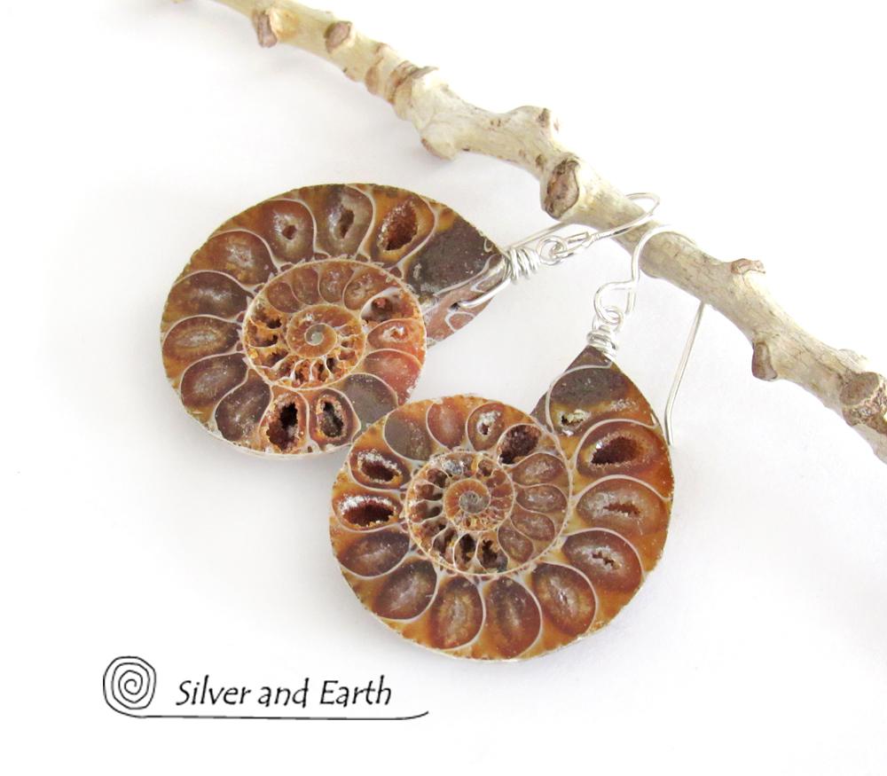 Ammonite Fossil Earrings - Genuine Earthy Natural Fossil Jewelry