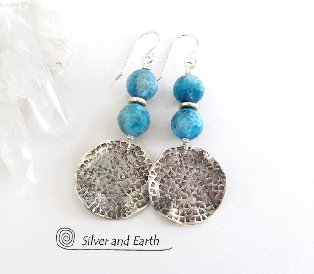 Sterling Silver Earrings with Blue Apatite Gemstones - Modern Silver Jewelry