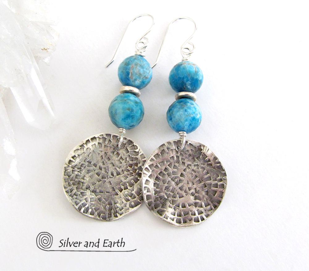 Sterling Silver Earrings with Blue Apatite Gemstones - Modern Silver Jewelry