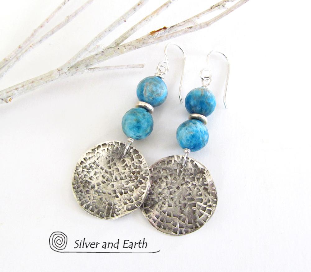 Sterling Silver Earrings with Blue Apatite Gemstones - Modern Silver Jewelry