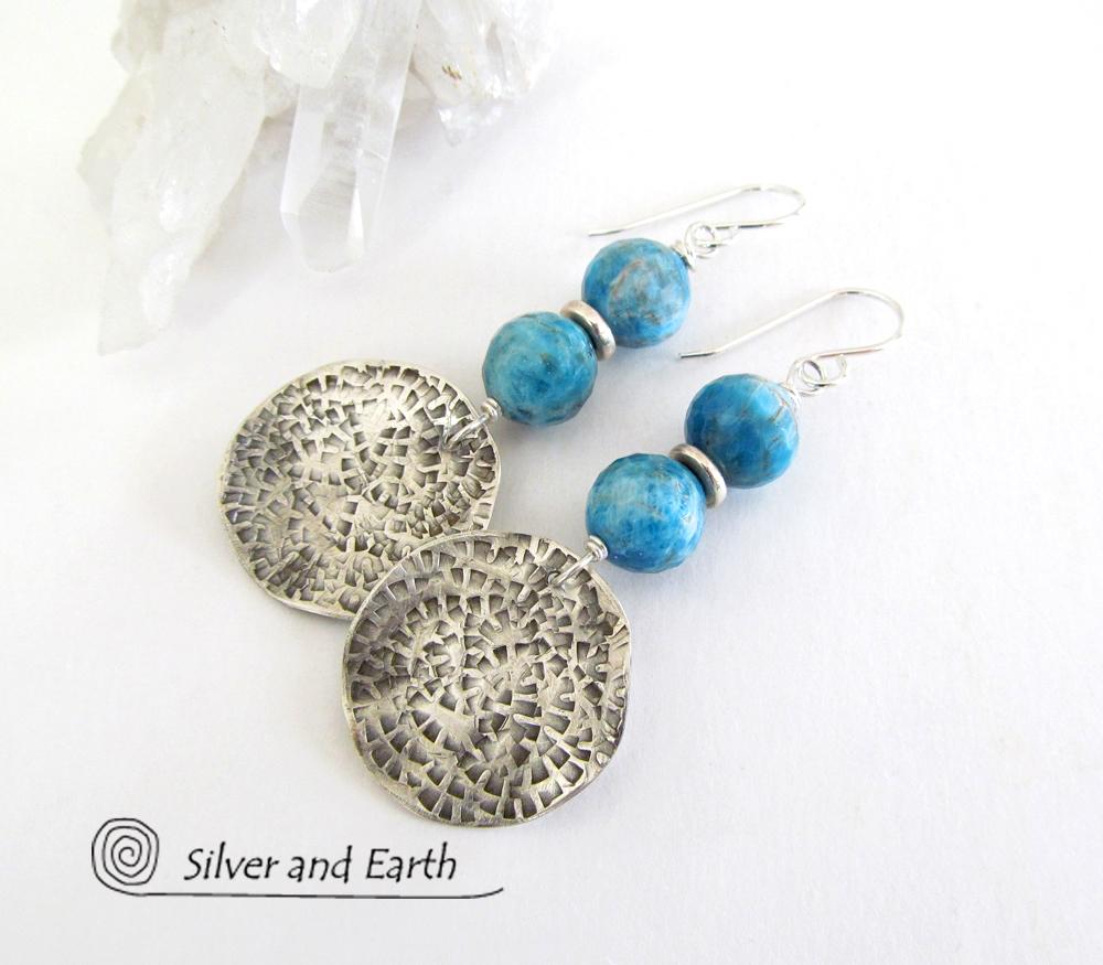 Sterling Silver Earrings with Blue Apatite Gemstones - Modern Silver Jewelry