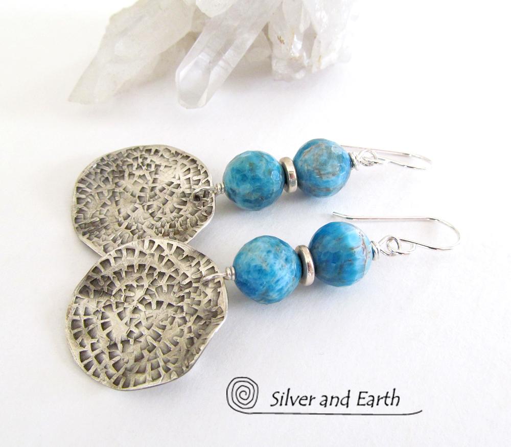 Sterling Silver Earrings with Blue Apatite Gemstones - Modern Silver Jewelry