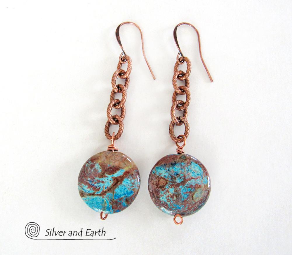 Copper Chain Earrings with Dangling Aqua Jasper Stones- Natural Stone Jewelry