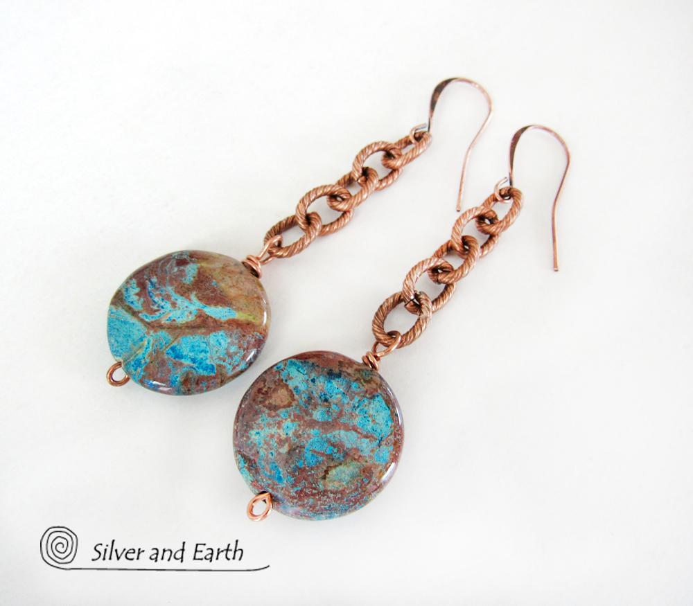 Copper Chain Earrings with Dangling Aqua Jasper Stones- Natural Stone Jewelry