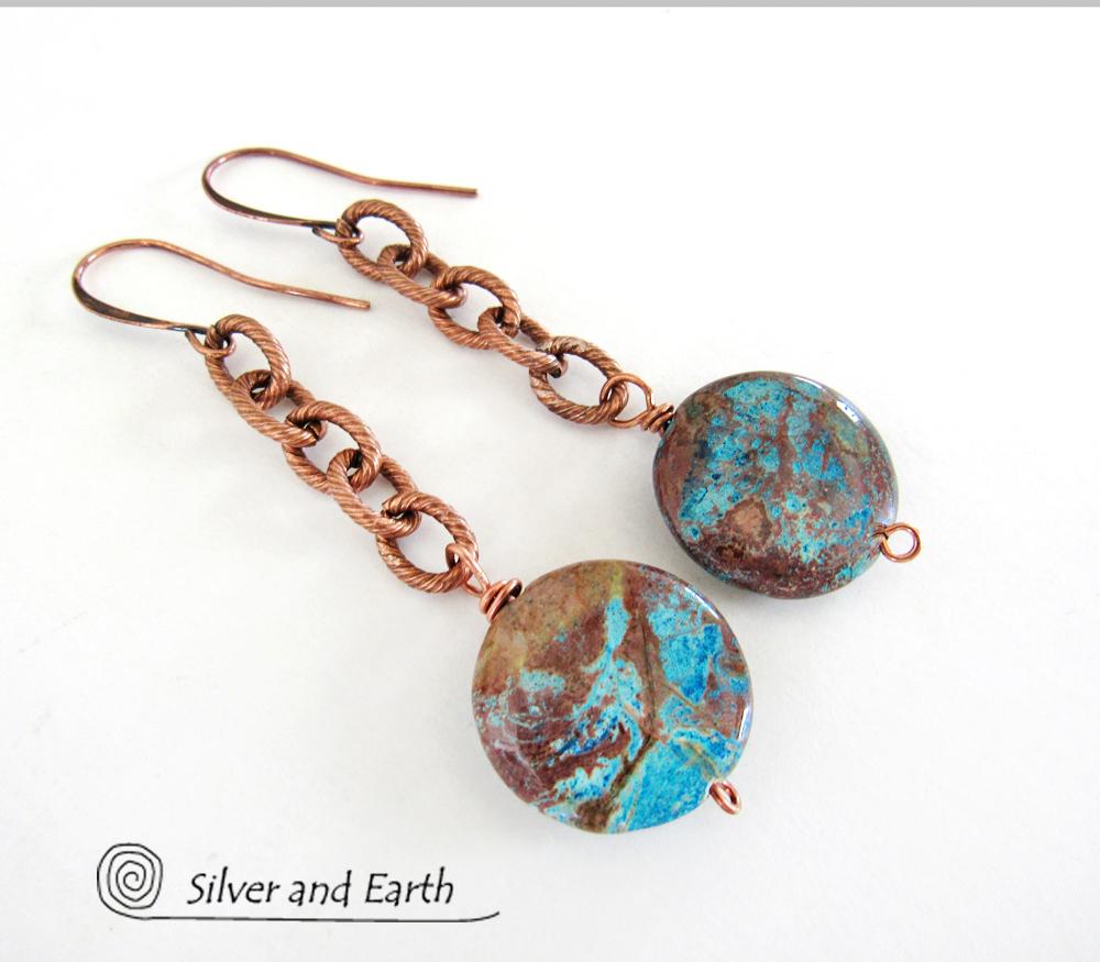 Copper Chain Earrings with Dangling Aqua Jasper Stones- Natural Stone Jewelry