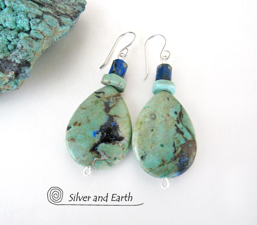 Azurite Malachite Gemstone Earrings - Natural Semiprecious Stone Jewelry