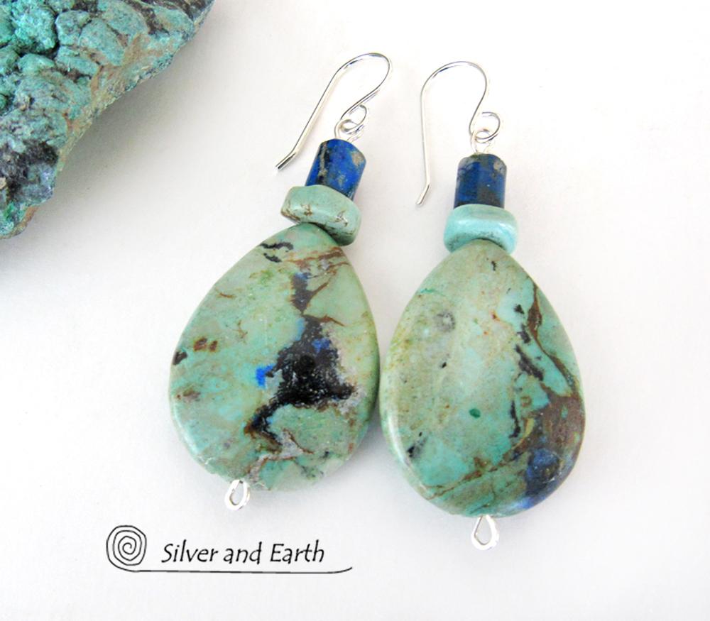 Azurite Malachite Gemstone Earrings - Natural Semiprecious Stone Jewelry