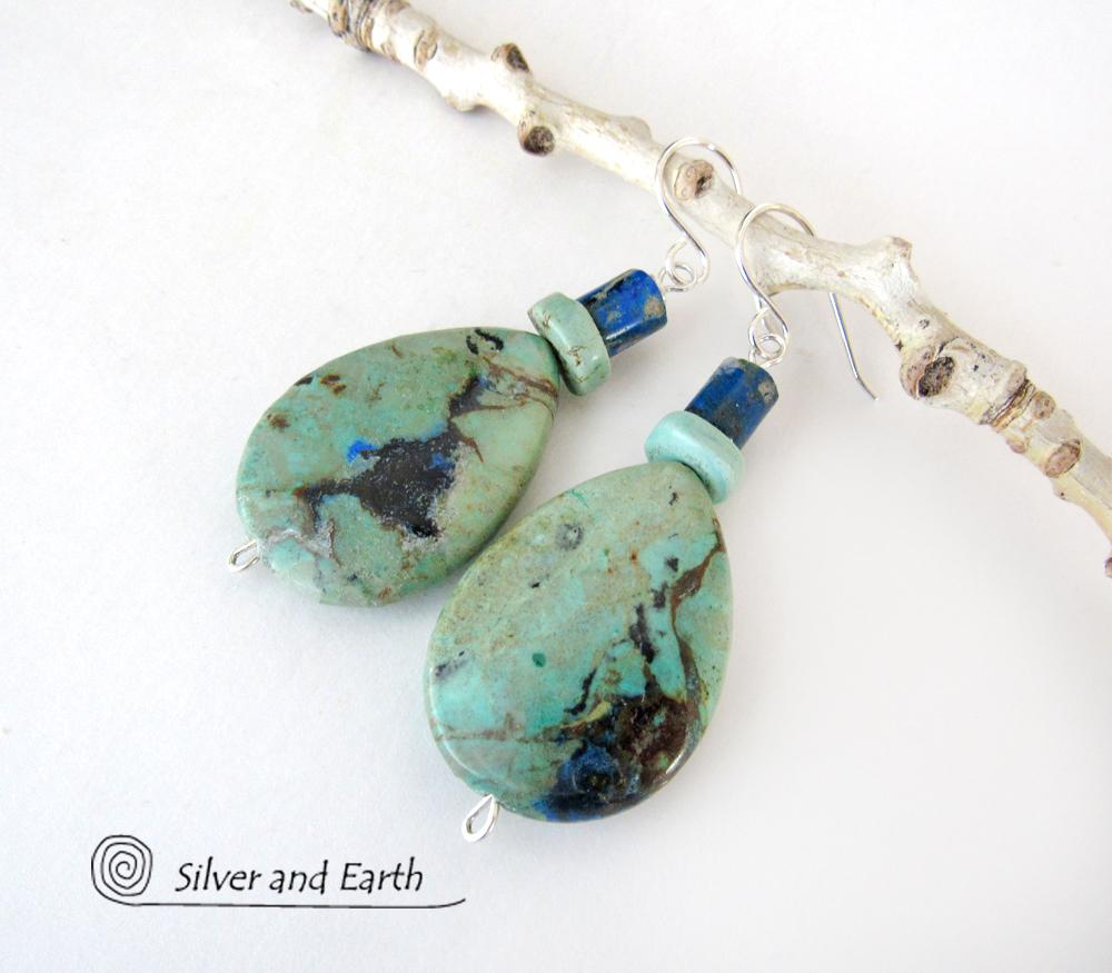 Azurite Malachite Gemstone Earrings - Natural Semiprecious Stone Jewelry