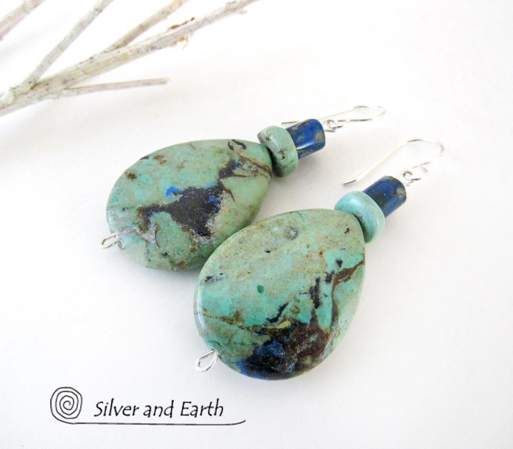 Azurite Malachite Gemstone Earrings - Natural Semiprecious Stone Jewelry