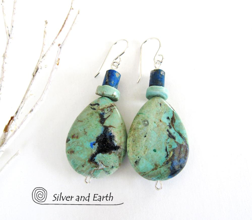 Azurite Malachite Gemstone Earrings - Natural Semiprecious Stone Jewelry