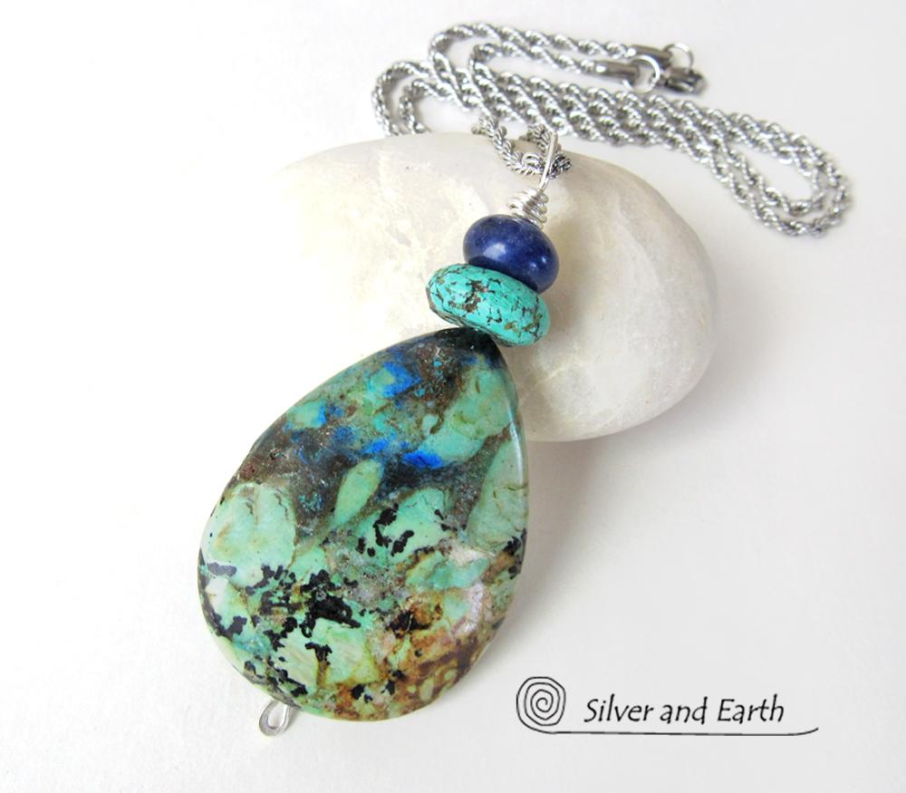Azurite Malachite Stone Pendant Necklace - Natural Semiprecious Stone Jewelry