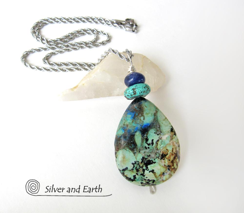 Azurite Malachite Stone Pendant Necklace - Natural Semiprecious Stone Jewelry