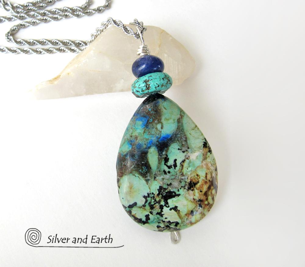 Azurite Malachite Stone Pendant Necklace - Natural Semiprecious Stone Jewelry