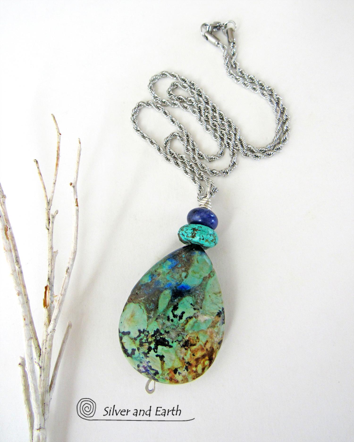 Azurite Malachite Stone Pendant Necklace - Natural Semiprecious Stone Jewelry