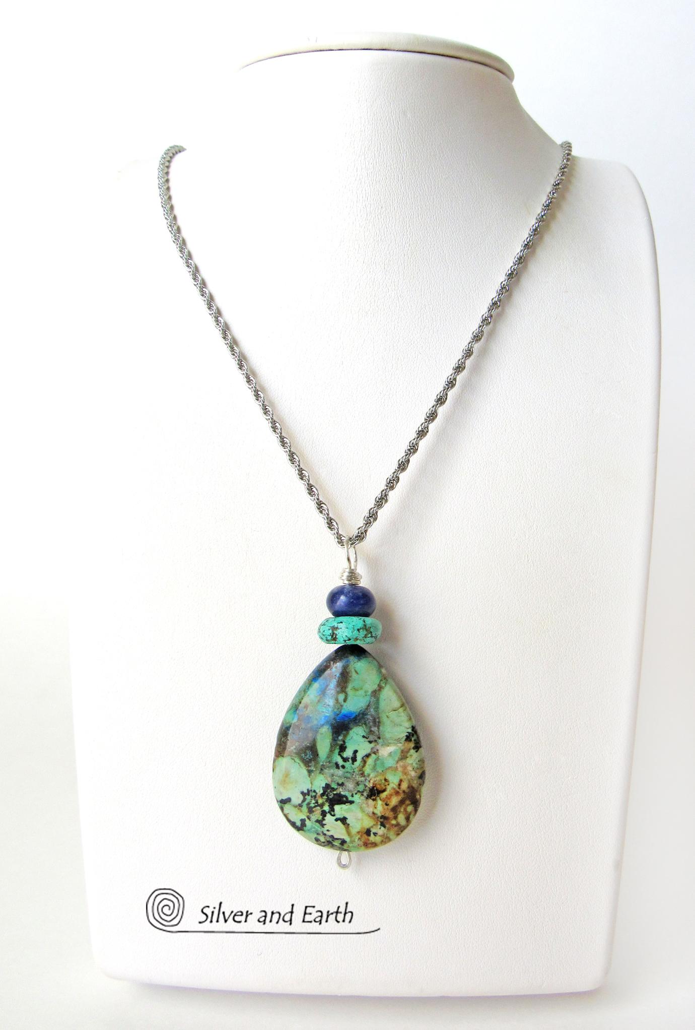 Azurite Malachite Stone Pendant Necklace - Natural Semiprecious Stone Jewelry