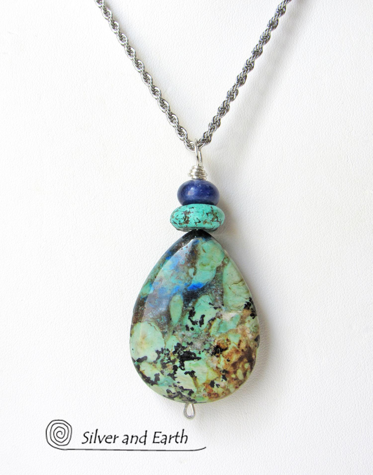 Azurite Malachite Stone Pendant Necklace - Natural Semiprecious Stone Jewelry