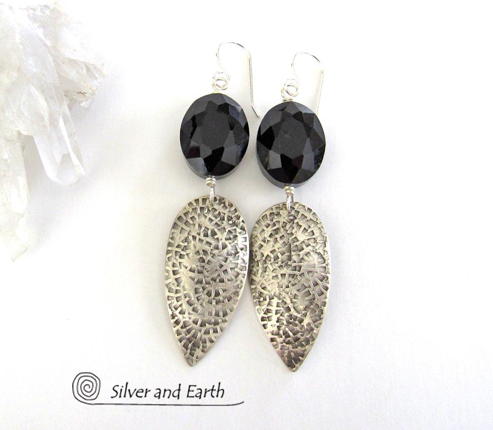 Sparkly Faceted Black Crystal Sterling Silver Earrings - Elegant Dressy Jewelry