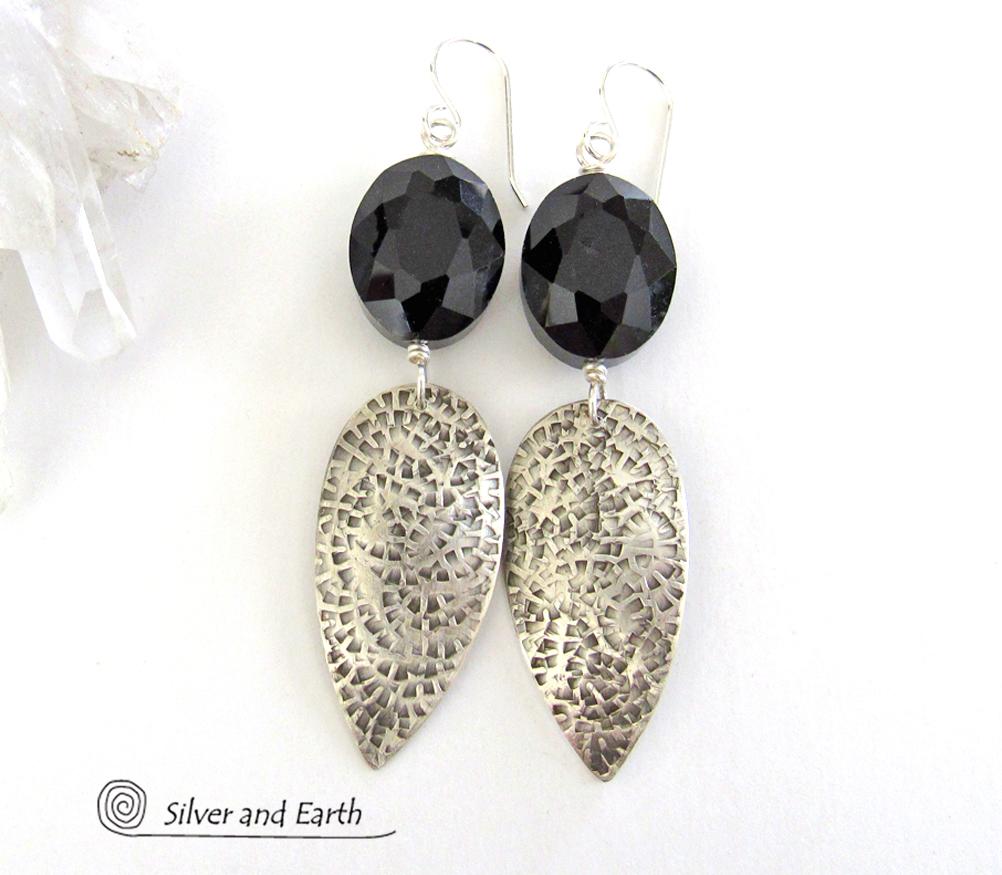 Sparkly Faceted Black Crystal Sterling Silver Earrings - Elegant Dressy Jewelry