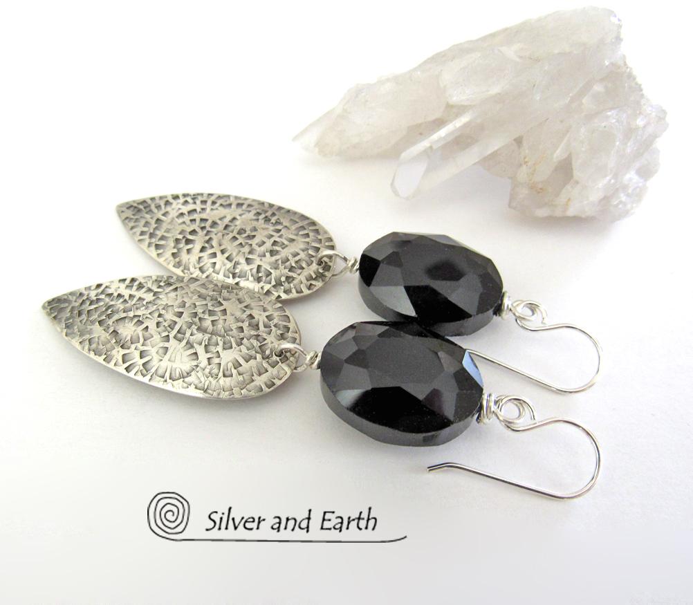 Sparkly Faceted Black Crystal Sterling Silver Earrings - Elegant Dressy Jewelry