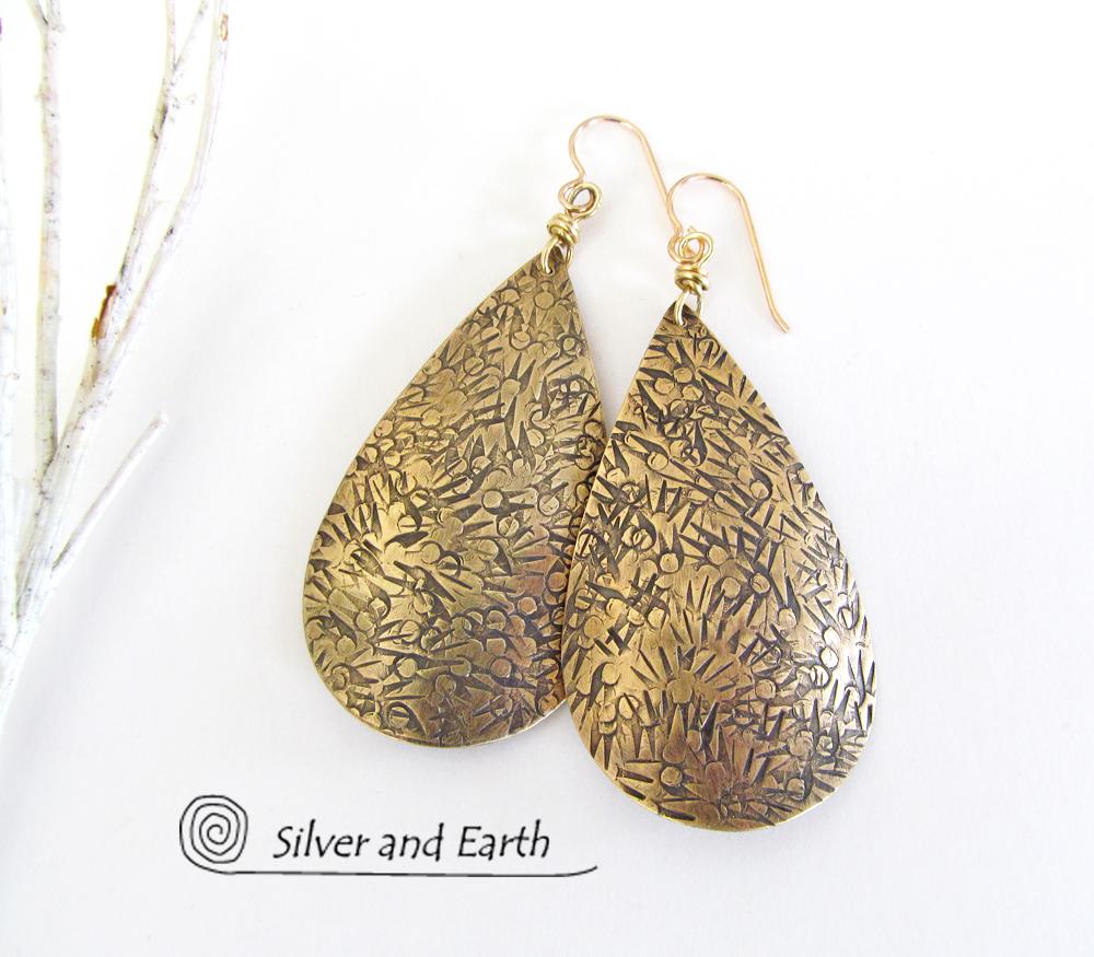 Big Brass Teardrop Dangle Earrings - Bold Modern Jewelry