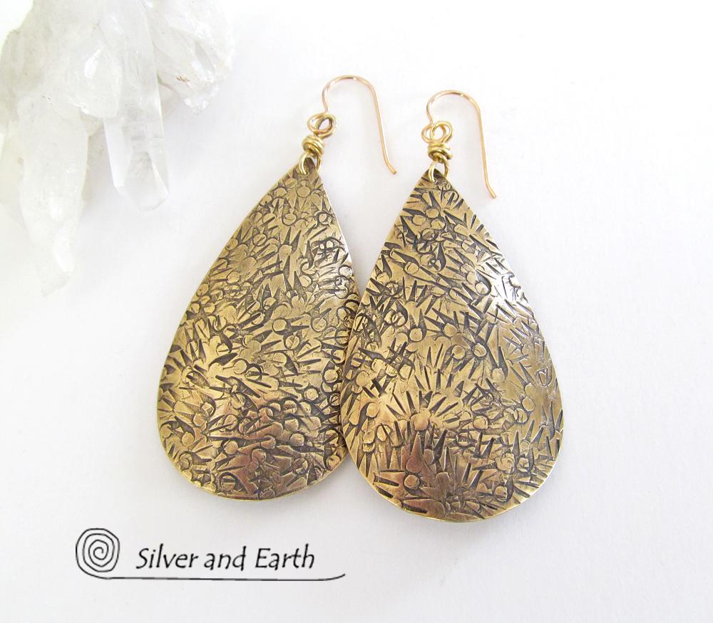 Big Brass Teardrop Dangle Earrings Bold Modern Jewelry Silver