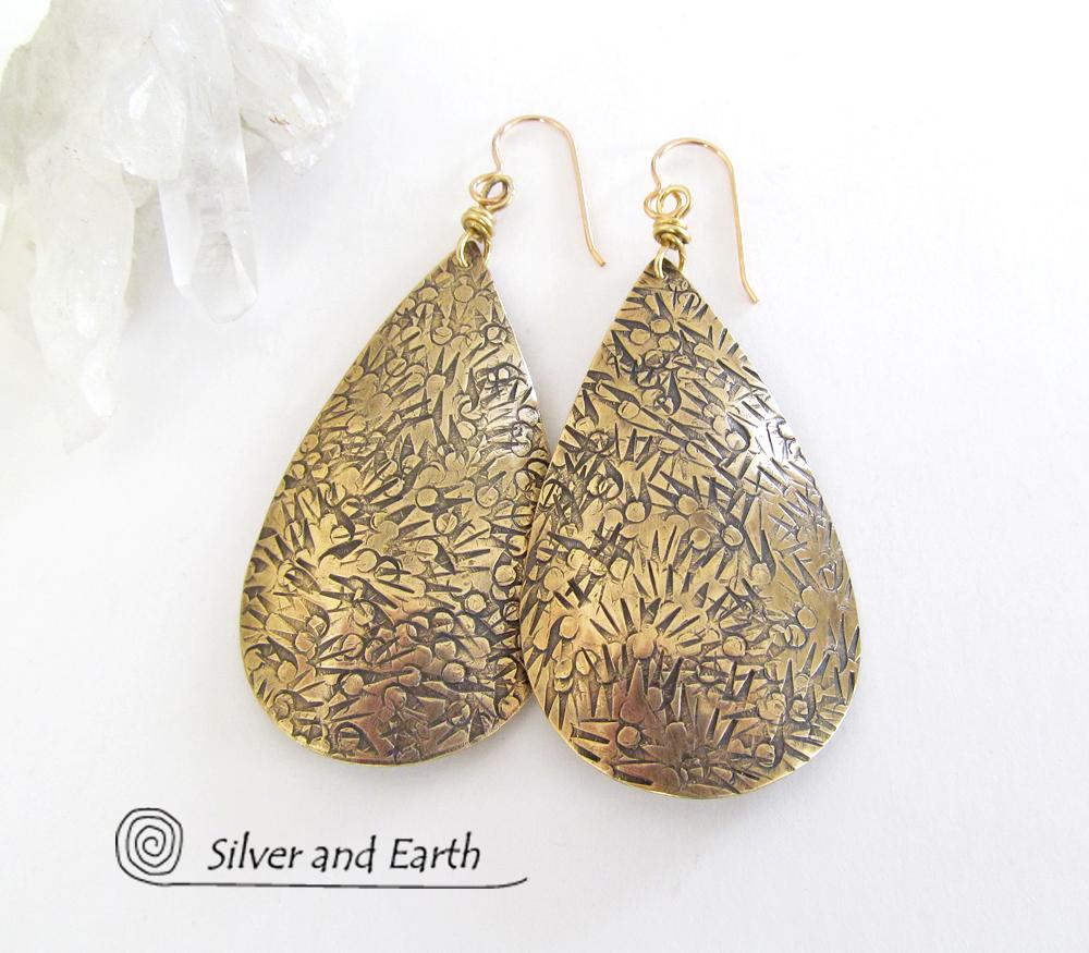 Big Brass Teardrop Dangle Earrings - Bold Modern Jewelry