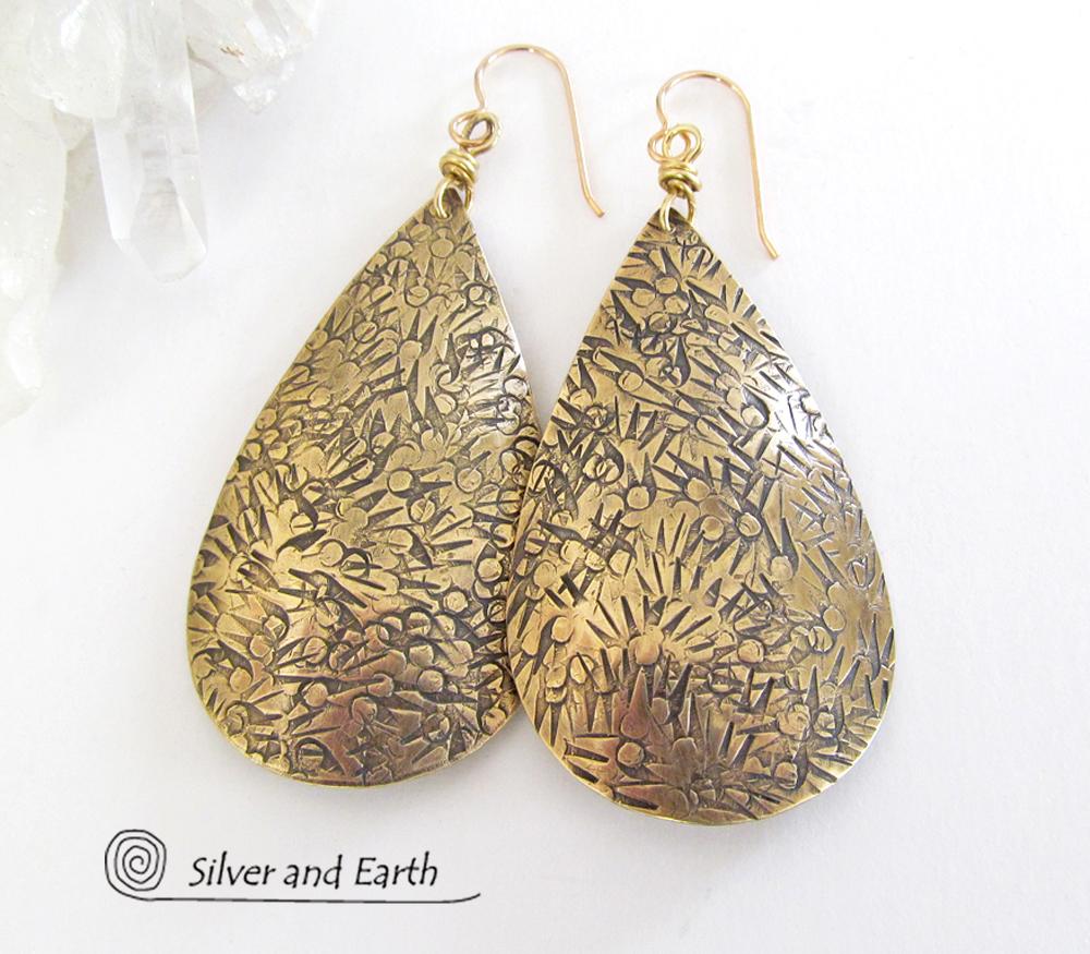 Big Brass Teardrop Dangle Earrings - Bold Modern Jewelry