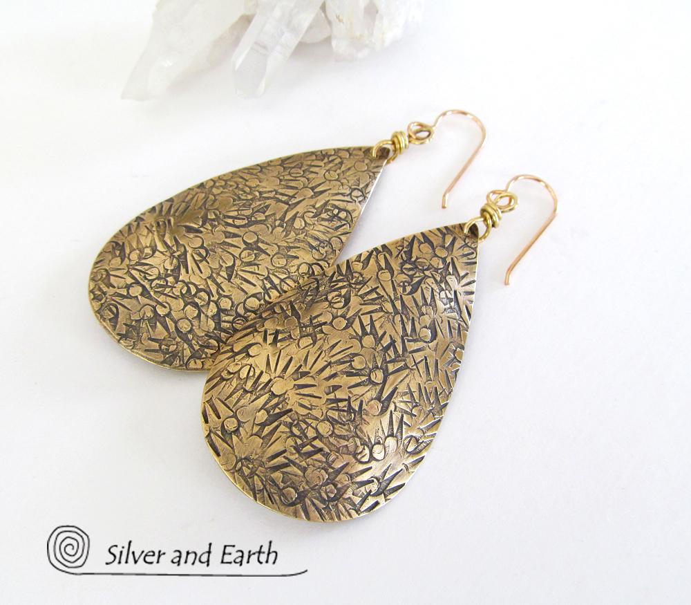 Big Brass Teardrop Dangle Earrings - Bold Modern Jewelry