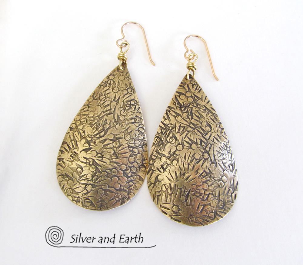 Big Brass Teardrop Dangle Earrings - Bold Modern Jewelry