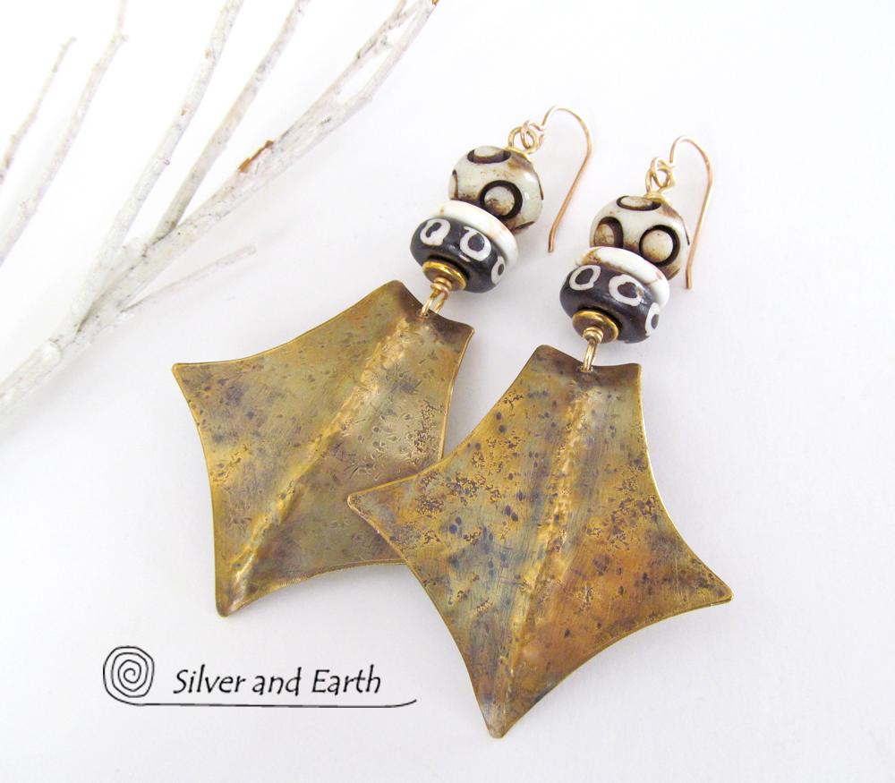 Big Bold Brass Tribal Earrings with African Beads - Ethnic Tribal Jewelry