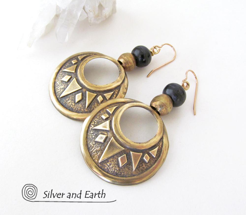 Big Bold Brass Hoop Earrings - Boho Chic Tribal Jewelry