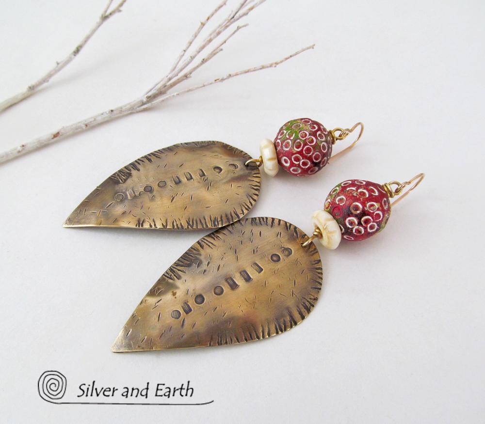 Big Brass Tribal Spear Earrings with African Beads - Bold Exotic Jewelry