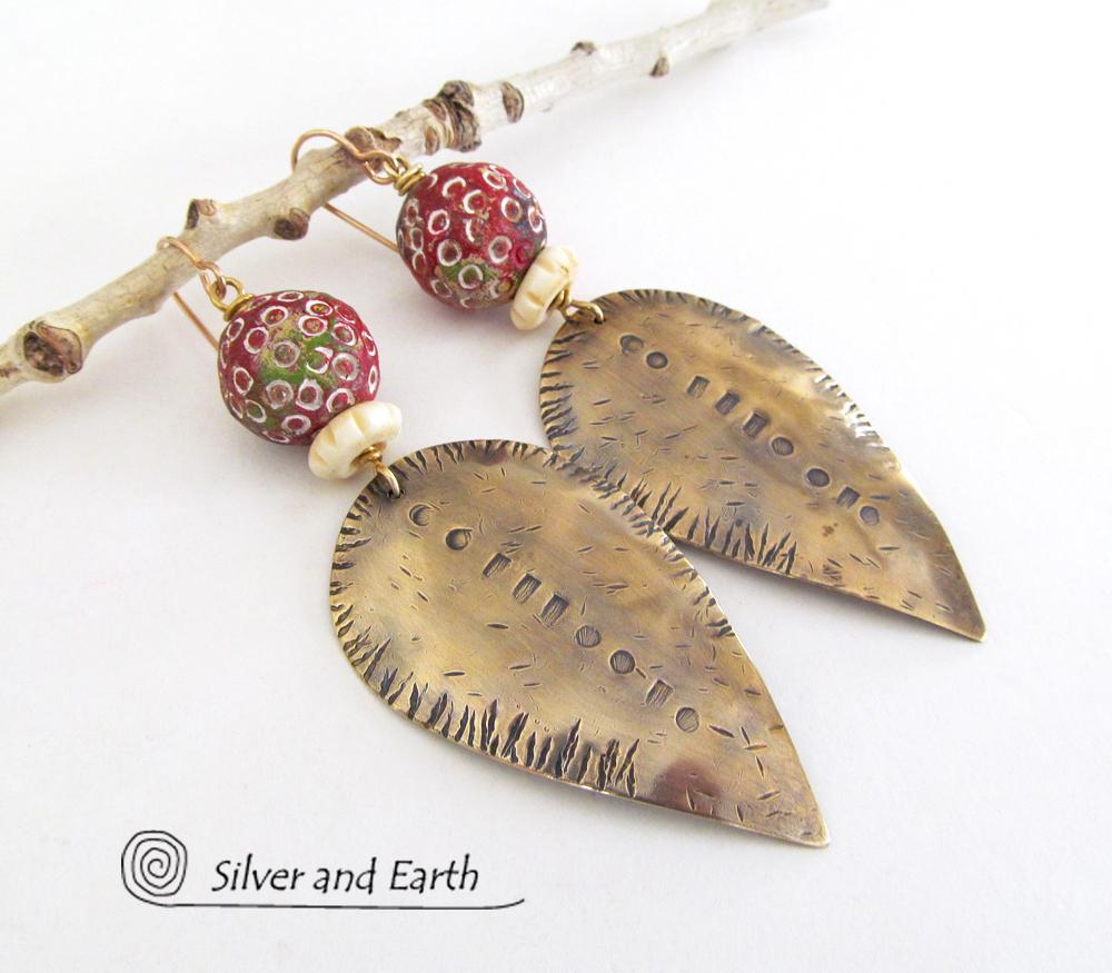 Big Brass Tribal Spear Earrings with African Beads - Bold Exotic Jewelry