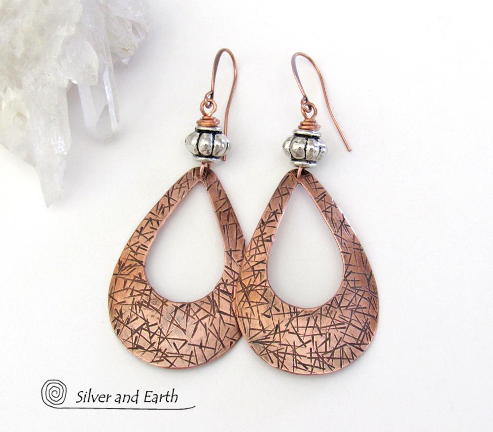 Big Bold Copper Teardrop Hoop Earrings with Silver Beads