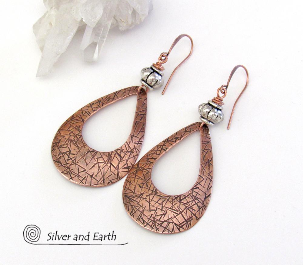 Big Bold Copper Teardrop Hoop Earrings with Silver Beads