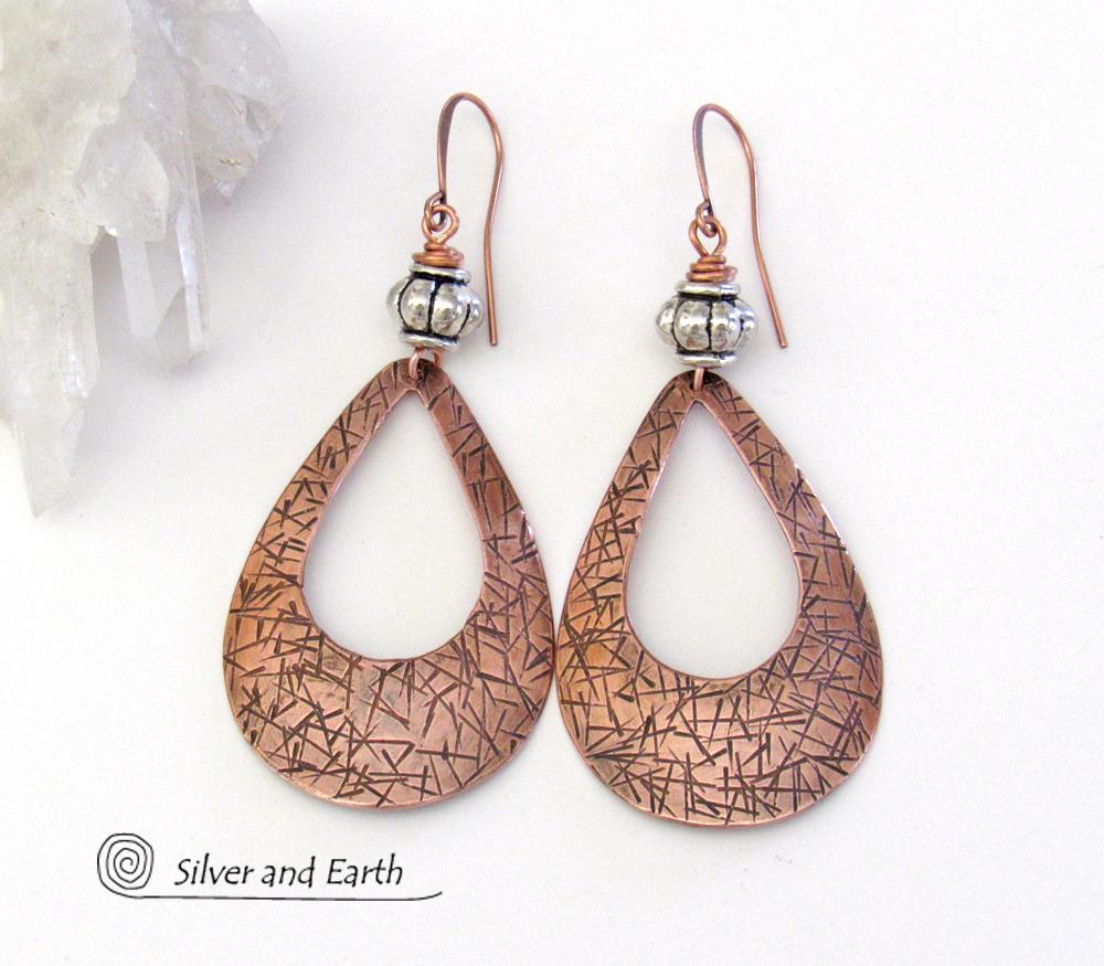 Big Bold Copper Teardrop Hoop Earrings with Silver Beads