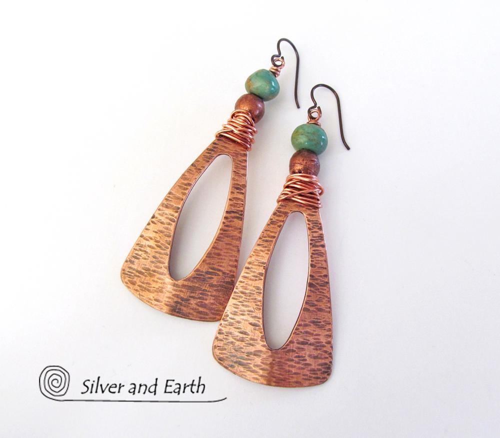 Turquoise & Copper Long Dangle Earrings - Bold Exotic Jewelry