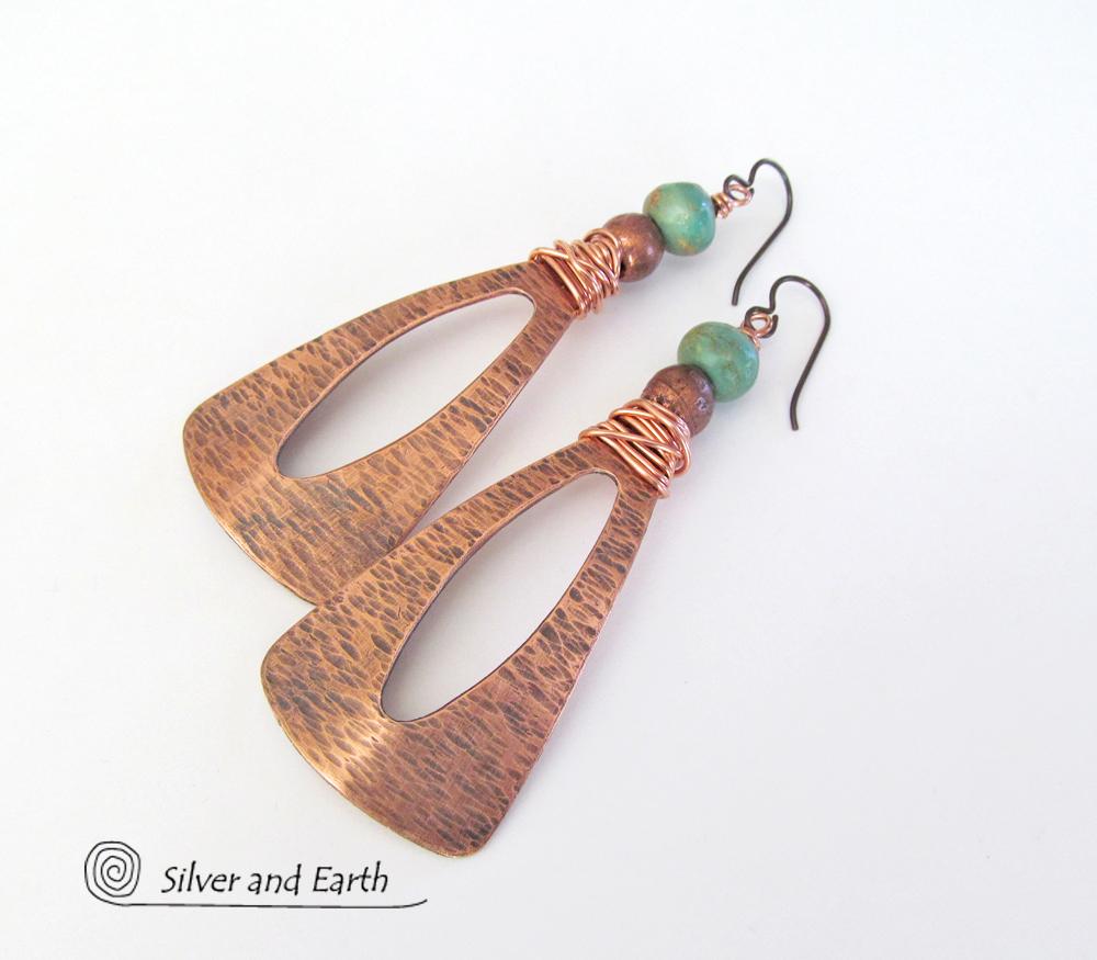 Turquoise & Copper Long Dangle Earrings - Bold Statement Jewelry