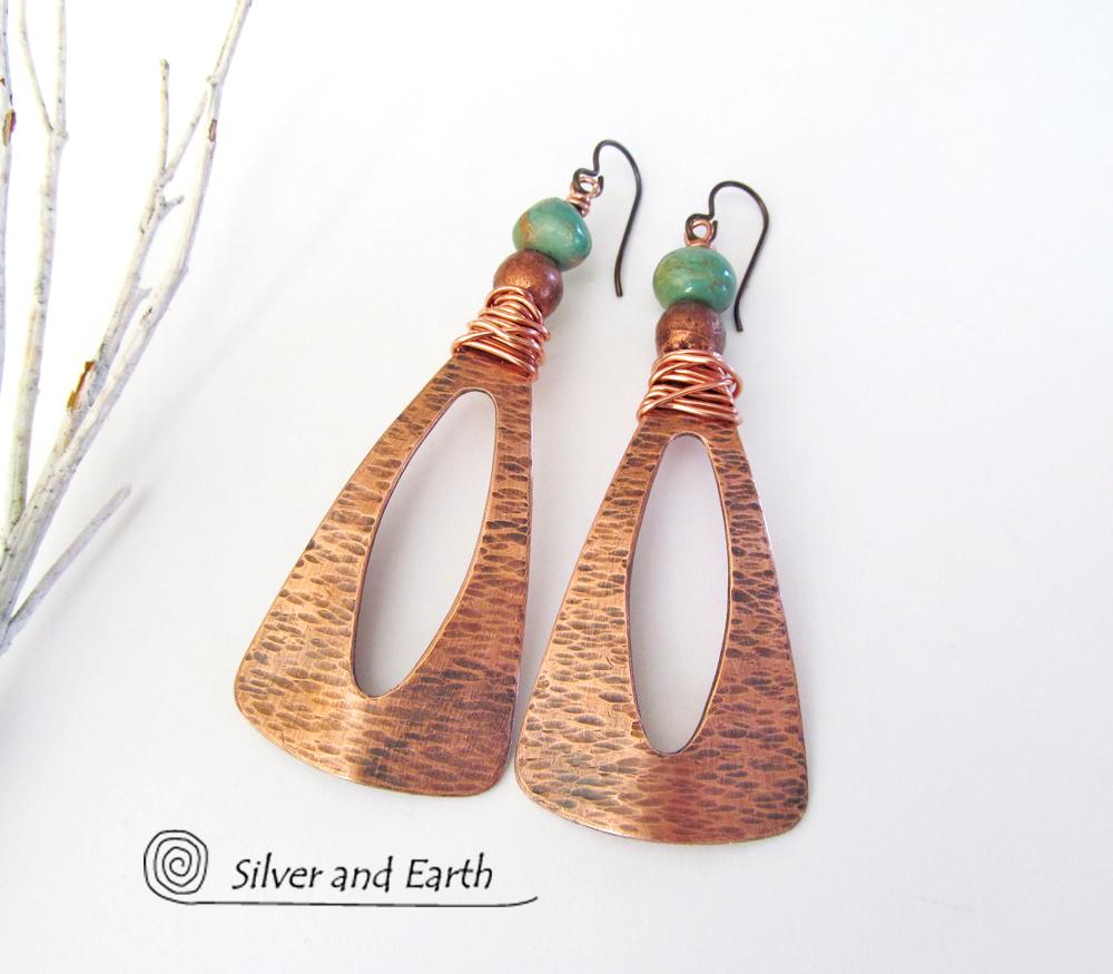 Turquoise & Copper Long Dangle Earrings - Bold Exotic Jewelry