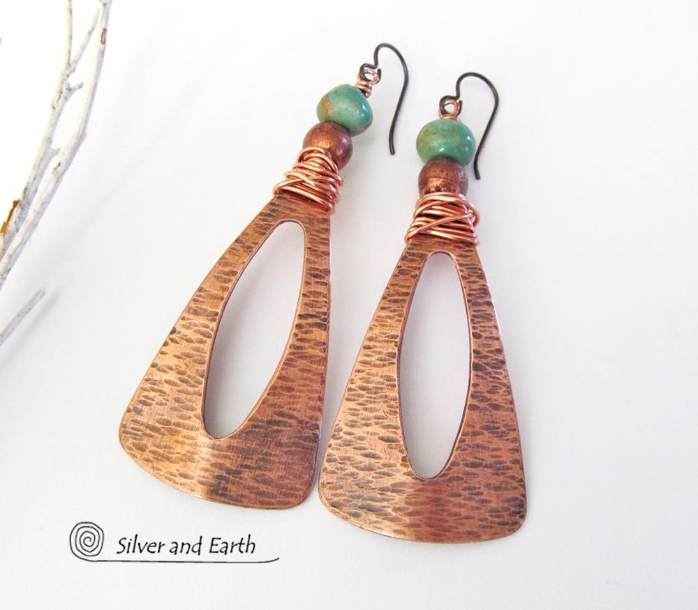 Turquoise & Copper Long Dangle Earrings - Bold Statement Jewelry