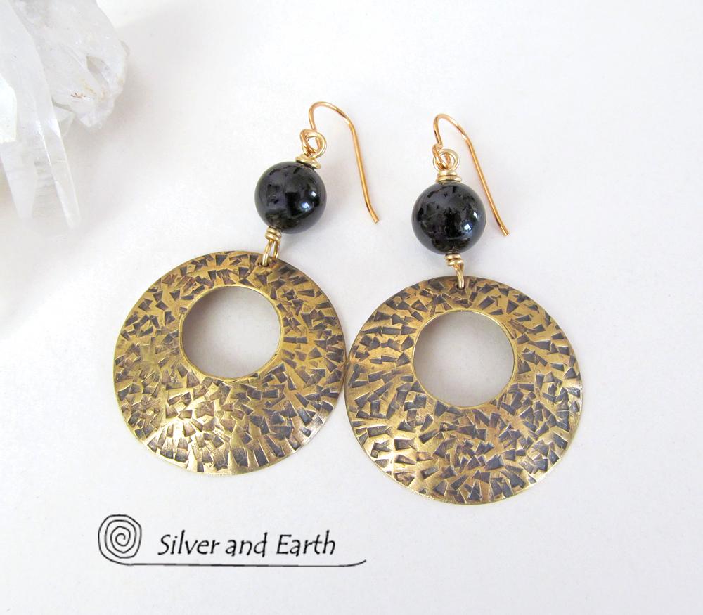 Gold Brass Hoop Earrings with Black Onyx Gemstones - Modern Trendy Jewelry