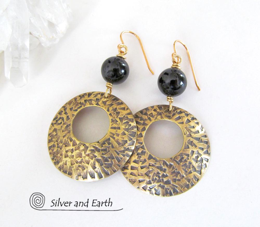 Gold Brass Hoop Earrings with Black Onyx Gemstones - Modern Trend Jewelry