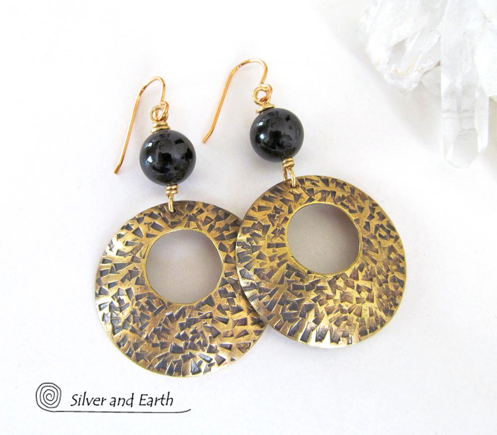 Gold Brass Hoop Earrings with Black Onyx Gemstones - Modern Trend Jewelry