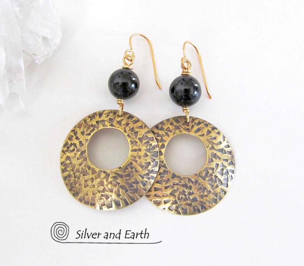 Gold Brass Hoop Earrings with Black Onyx Gemstones - Modern Trendy Jewelry