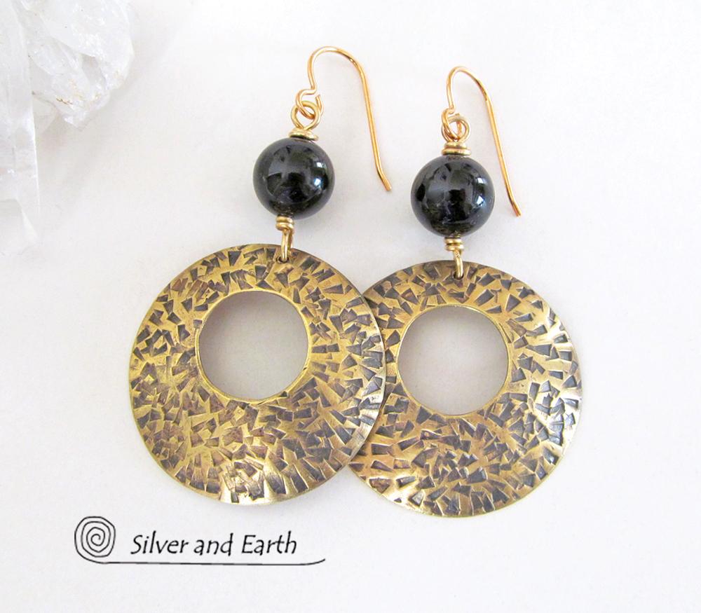 Gold Brass Hoop Earrings with Black Onyx Gemstones - Modern Trendy Jewelry