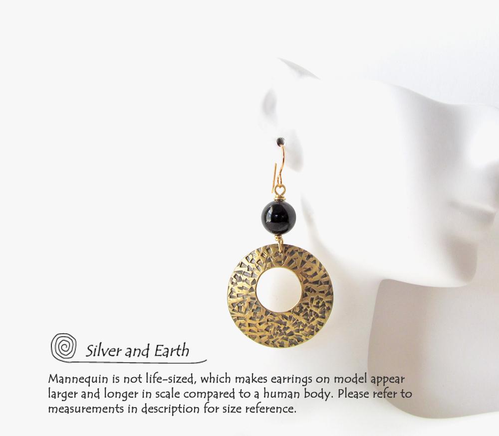 Gold Brass Hoop Earrings with Black Onyx Gemstones - Modern Trendy Jewelry