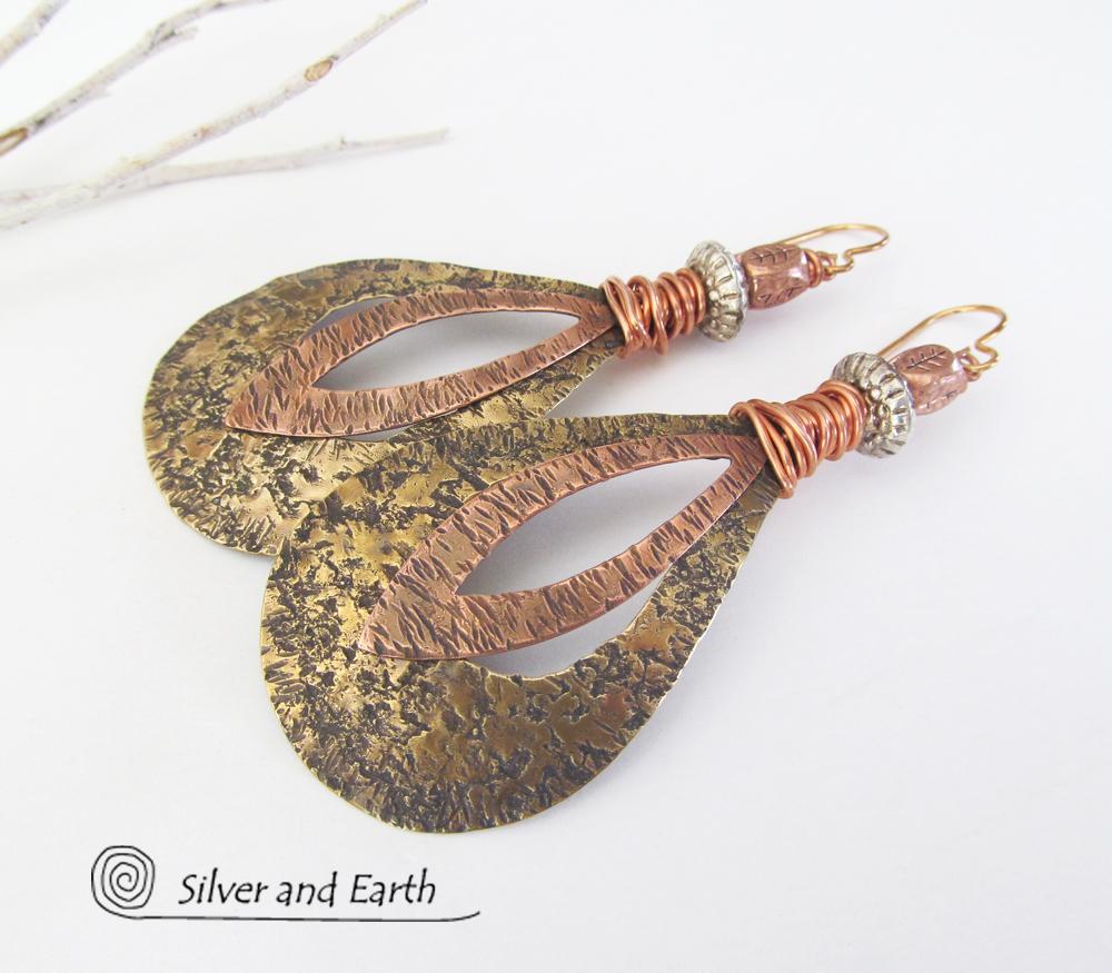 Large Mixed Metal Hoop Dangle Earrings - Boho Chic Modern Jewelry