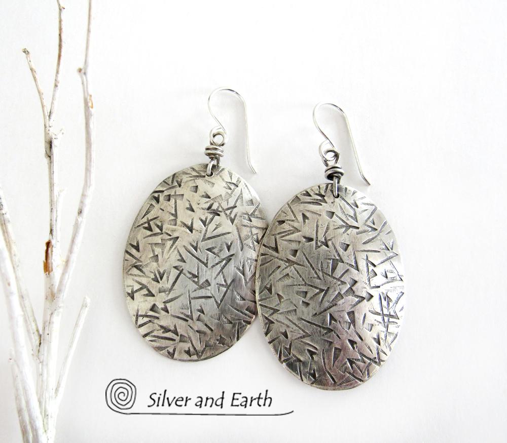 Big Sterling Silver Dangle Earrings with Stamped Texture - Modern Silver Jewelry