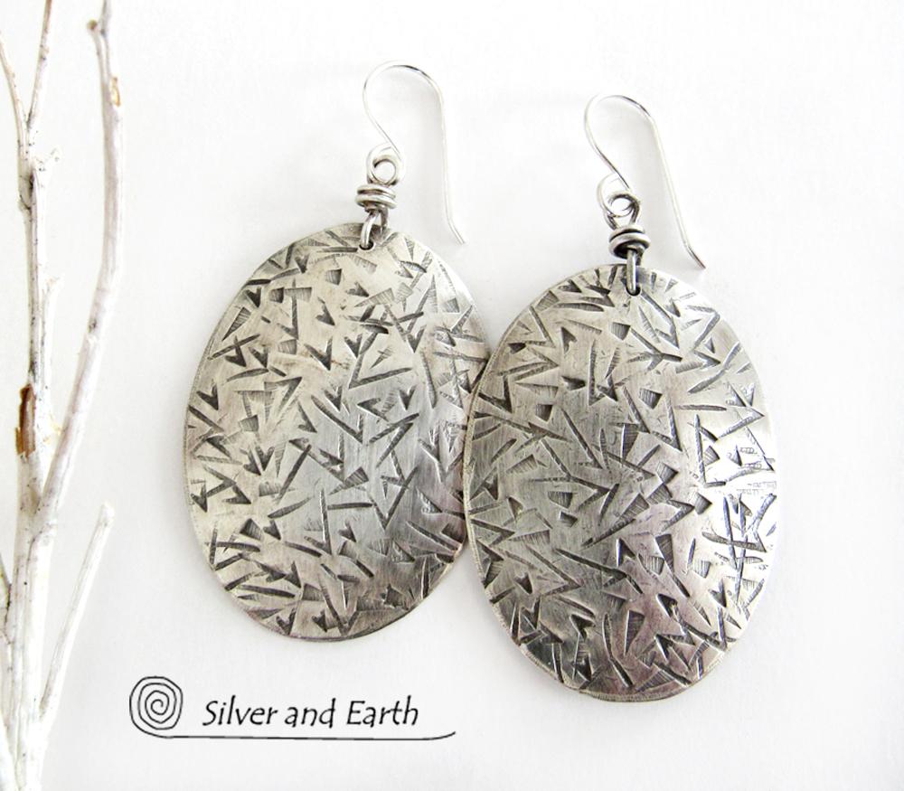 Big Sterling Silver Dangle Earrings with Stamped Texture - Modern Silver Jewelry